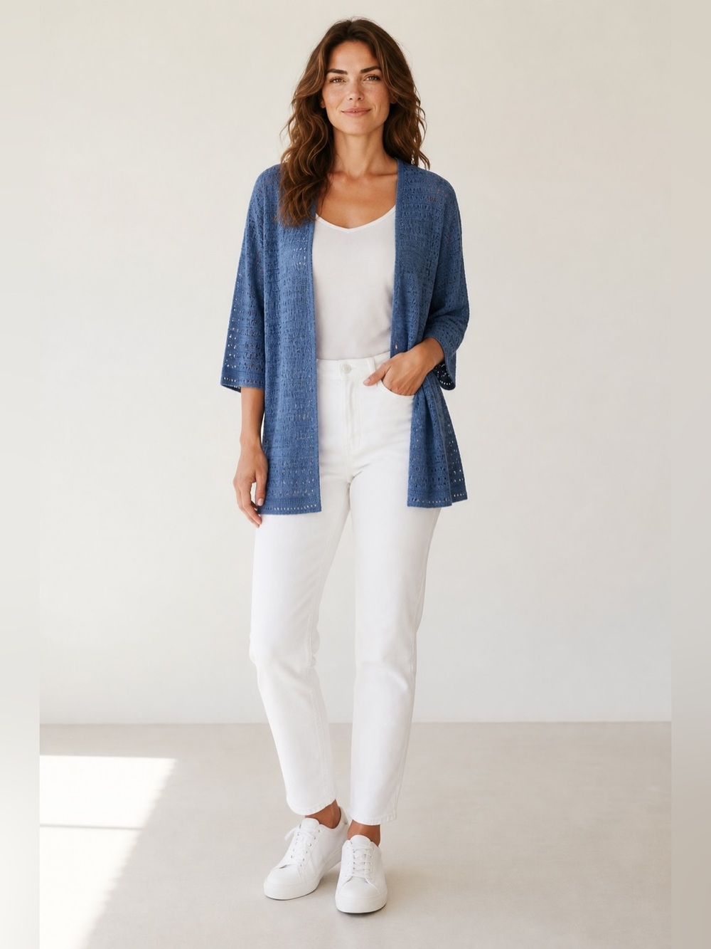 Westport Open-Front Crochet Cardigan in Denim Blue